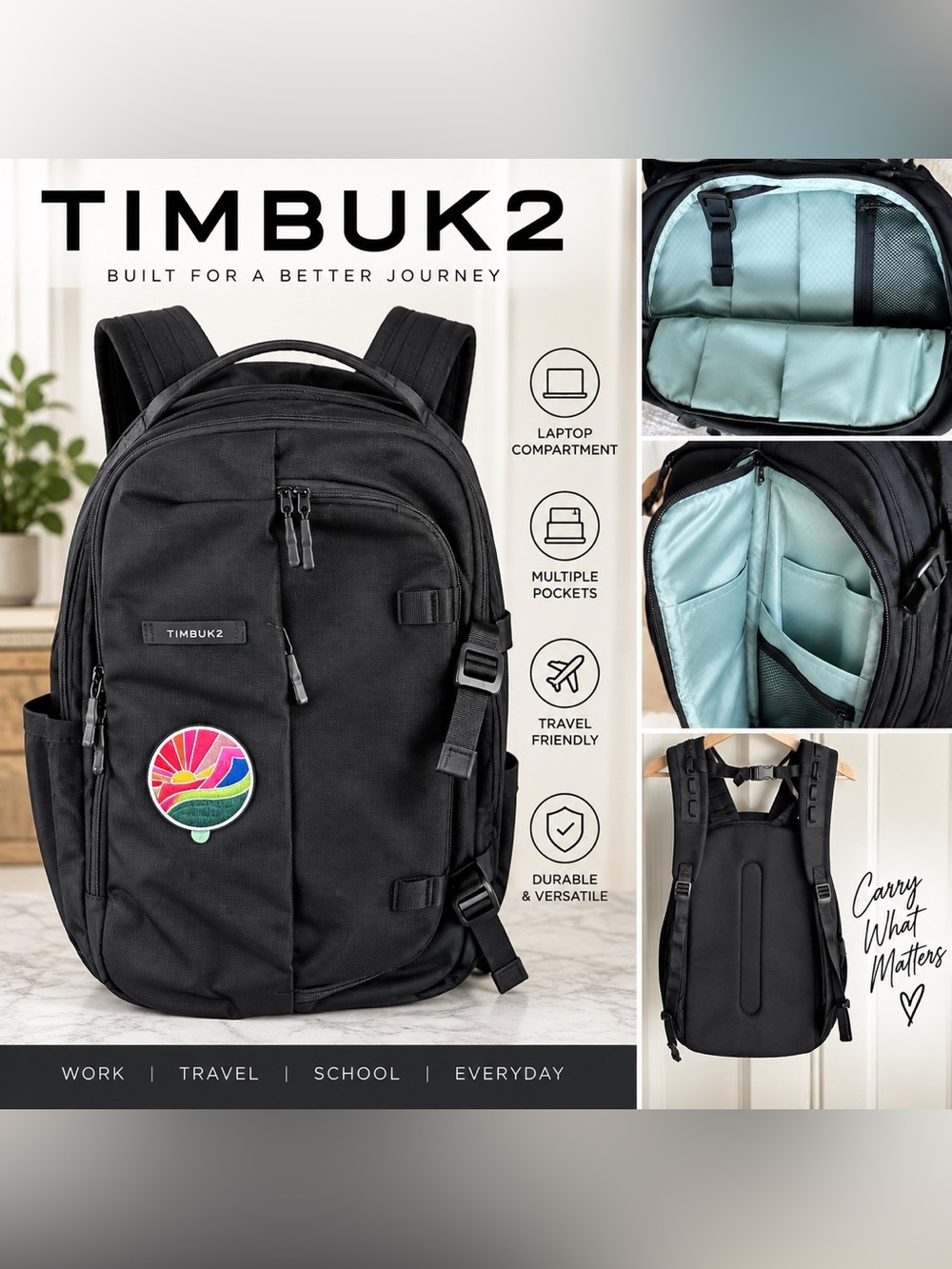 Timbuk2 Black Laptop Backpack Travel Work Commuter Bag Padded Tech Organizer